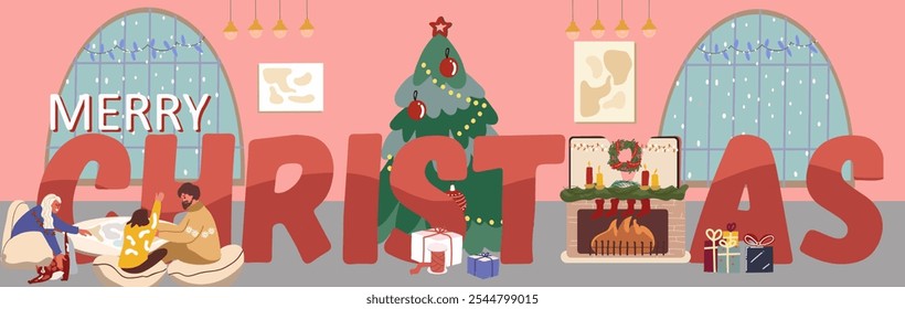 Merry christmas text. Color inscription huge letters, tiny people engaged in indoor activities, home, family activities, New Year preparations. Flyer, invitation, sticker, banner, vector hand drawn.