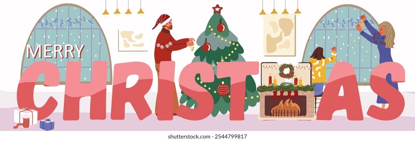 Merry christmas text. Color inscription huge letters, tiny people engaged in indoor activities, home, family activities, New Year preparations. Flyer, invitation, sticker, banner, vector hand drawn.