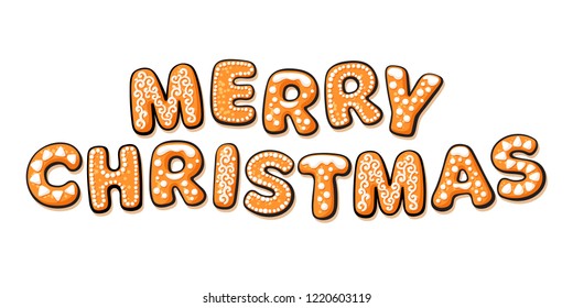 Merry Christmas text composed of gingerbread cookies. Cartoon hand drawn letters. Vector illustration isolated on white background. Christmas greeting card, banner design element.