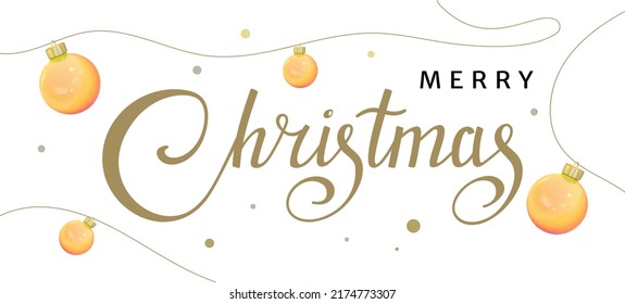Merry Christmas text composition in vector. Handwritten lettering merry Christmas on white background with yellow Christmas balls. Pen inscription