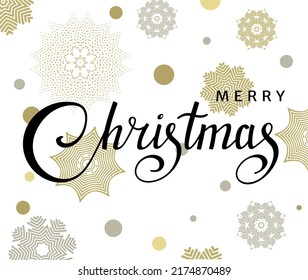Merry Christmas text composition in vector. Handwritten lettering merry Christmas on white background with gold snowflakes. Pen inscription. Holiday greeting card