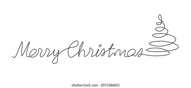 Feliz navidad texto línea continua. Árbol de Navidad en una línea. Tarjeta de saludo de vacaciones. Resumen de ilustración minimalista. Vector sobre fondo blanco aislado.