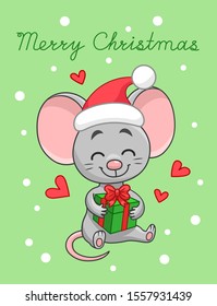 Merry Christmas text. Cute mouse in Santa Claus red hat, holding green gift box. New Year's and holiday card 