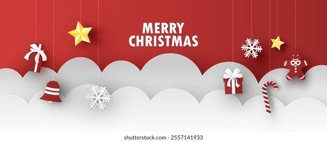 Merry Christmas text decorated with gift box, star, gingerbread, candy cane and snowflake on cloud background. Merry Christmas. paper cut and craft style. vector, illustration.