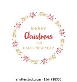 Merry Christmas text decorated with hand drawn branches with red berries. Greeting card design element. Red brush lettering. 