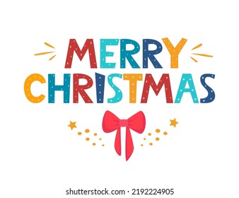 Merry Christmas text decorated with hand drawn bow and stars. Greeting card design element. Vector typography