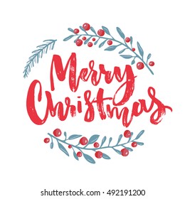 Merry Christmas text decorated with hand drawn branches with red berries. Greeting card design element. Red brush lettering. Vector typography.