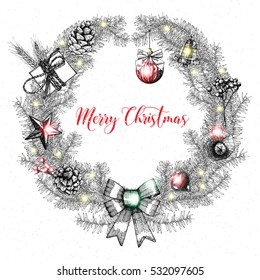 Merry Christmas text decorated with hand drawn wreath frame and branches with gifts and berries. Greeting card design. Brush lettering typography.