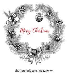 Merry Christmas text decorated with hand drawn wreath frame and branches with gifts and berries. Greeting card design. Brush lettering typography.