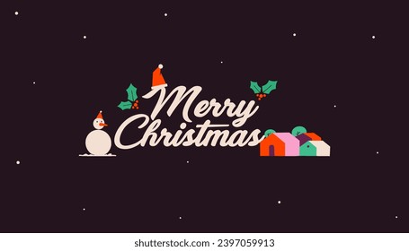 Merry Christmas Text with Christmas decoration elements. Santa cap, Holly, Snowman