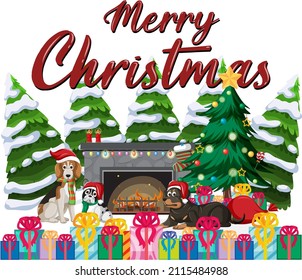 Feliz diseño de texto navideño con perros lindos y cajas de regalo ilustración