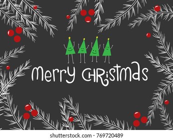 merry christmas text design with four cute characters