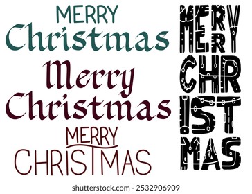 Conjuntos de design de texto de Natal alegre, saudações festivas de férias, estilos de tipografia criativa, várias combinações de cores, perfeito para cartões, decorações e celebrações sazonais, espalhar alegria e alegria.