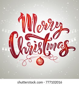 Merry Christmas text design with Christmas tree ball and garland. Vector illustration. Merry Christmas lettering on snowy background. Template for a poster, cards, banner.