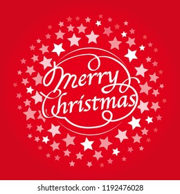 Merry Christmas text design, vector illustration. White text with star shapes on red background.