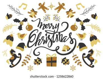 Merry Christmas text design. Vector logo, typography. Usable as banner, greeting card, gift package etc.