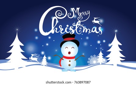 Merry christmas text design vector and Happy New Year with tree and snow man background for holiday decoration card illustration