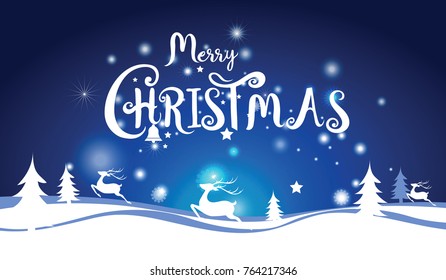 Merry christmas text design vector and Happy New Year with tree and deer background for holiday decoration card illustration