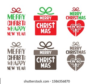 Merry Christmas text designed with gift box and bow cartoon graphic vector 