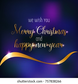 Merry Christmas text designVector template for banner, greeting card, poster and postcard The golden calligraphic inscription We wish you Merry Christmas and happy new year on the blurred lilac backgr