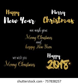 Merry Christmas text designVector typographic template for banner, greeting card, poster and postcard Set of calligraphic greeting inscriptions for Christmas and New year in white and gold colors on b