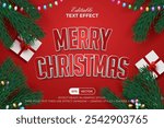 Merry Christmas Text Effect 3D Style. Editable Text Effect. Christmas Tree Branch, Iridescent Lights, Gift Box Elements Red Background.