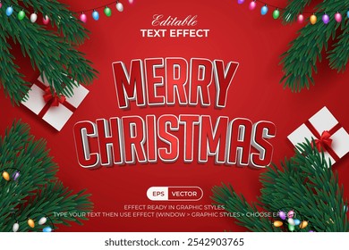 Estilo 3D de efecto de texto de Navidades felices. Efecto de texto editable. Rama del árbol de navidad, luces iridiscentes, fondo rojo de los Elementos de la caja de regalo.