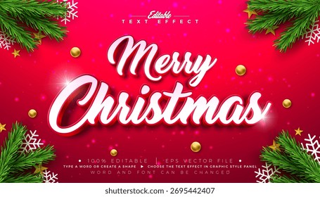 Merry Christmas Text Effect Design Editable Vector Graphic Style with Red 3D Typography Lettering, Gift Box and Ornaments on Red Background. Winter Holiday Scalable Illustration Template for Greeting