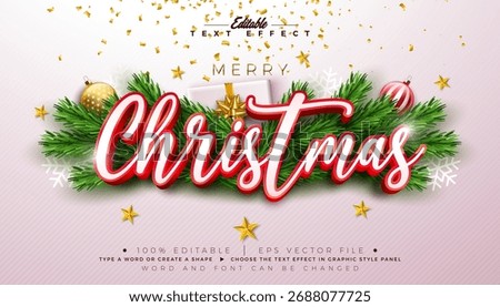 Merry Christmas Text Effect Design Editable Vector Graphic Style with Red 3D Typography Lettering, Ornaments and Fir Branch on White Background. Winter Holiday Scalable Illustration Template