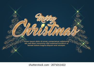 Merry christmas text effect with gold and glitter christmas tree for banner, background, invitation or gift card vector illustration.