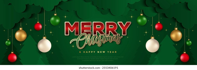 Merry Christmas text effect on green background with hanging ball decoration. Merry christmas and happy new year greeting card banner template design. Luxury and elegant style. Vector illustration