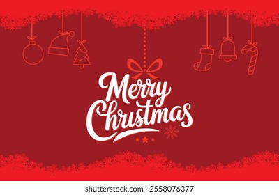 Merry Christmas Text and Elements hanging red background. Xmas Typo for Greeting Card, Banner and Etc.,