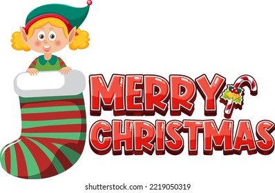 Feliz texto navideño con elf en ilustración de calcetín