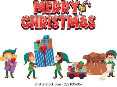 Merry Christmas text with elves cartoon character illustration