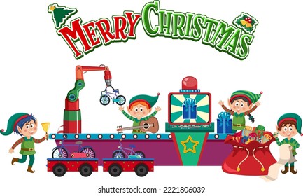 Merry Christmas text with elves making Christmas present illustration