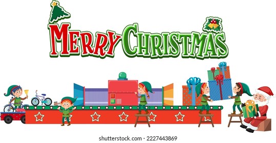 Merry Christmas text with elves making Christmas present illustration