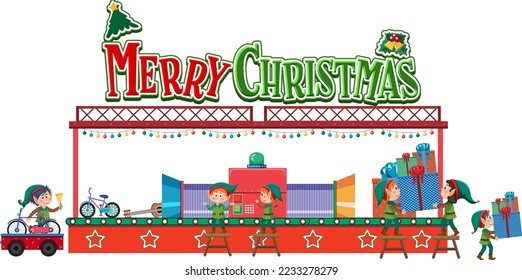 Merry Christmas text with elves making Christmas present illustration