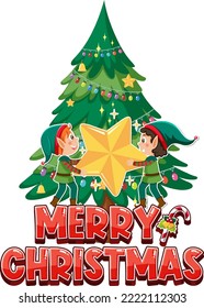 Merry Christmas text with elves and Christmas tree illustration