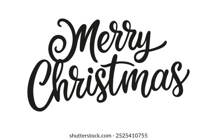 Merry Christmas text, emblem and logo isolated on white. Hand drawn xmas word for t-shirt print or sign. Calligraphic Merry Christmas lettering for greeting and congratulation card.