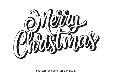 Merry Christmas text, emblem and logo isolated on white. Hand drawn xmas word for t-shirt print or sign. Calligraphic Merry Christmas lettering for greeting and congratulation card.