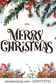 Merry Christmas Text with Christmas Evergreen Branches and Berries in Corner Over Rustic Wooden Background