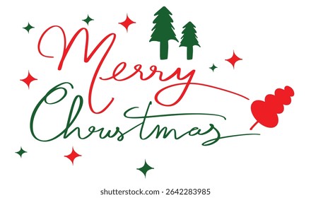 Merry christmas text font calligraphy hand written lettering script green red color star tree pine object xmas happy new year 2025 2026 2027 time december month holiday merry christmas xmas gift card