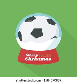 merry christmas text & football game isolated on green background. creative greeting card flat design. play kicker concept. clean simple cool soccer in snow globe or snow ball glass vector art cartoon