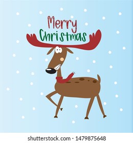 Merry Christmas text, funny reindeer on blue and snowy background.