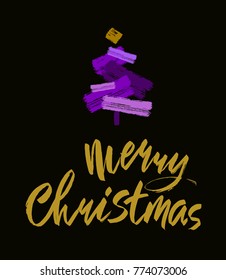 Merry Christmas text. Gold brush calligraphy on black vector background with abstract christmas tree