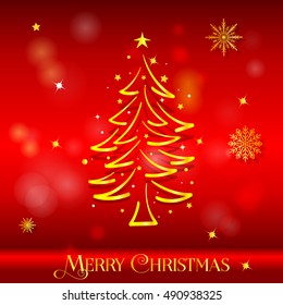 Merry Christmas text and golden christmas tree vector illustration. Holiday xmas poster or postcard. Beautiful christmas background.