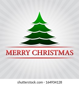 merry christmas - text with green christmas tree sign over silver grey rays, vector