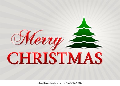 merry christmas - text with green christmas tree sign over silver grey rays, horizontal, vector