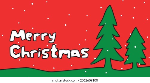 Merry Christmas text with green trees on the red background and some snow fall