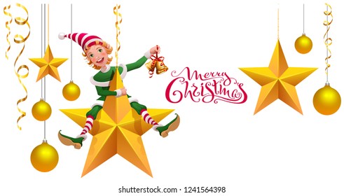 Merry Christmas text greeting card. Green elf leprechaun on star holding Christmas bell. Isolated on white vector cartoon illustration